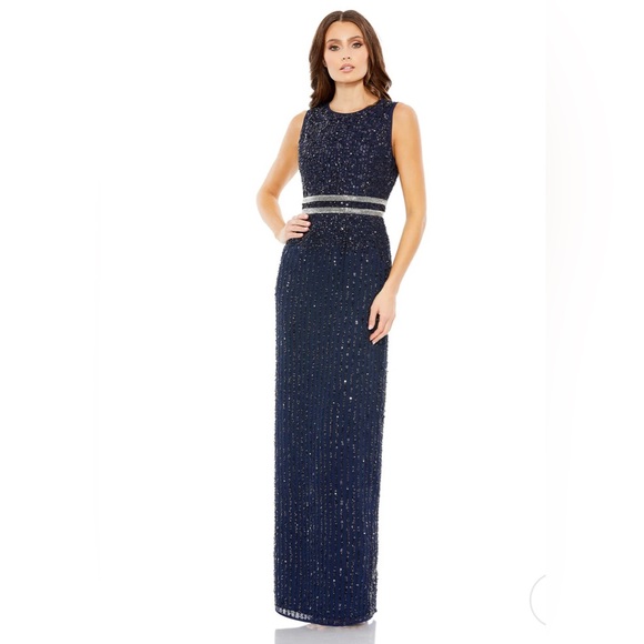 Mac Duggal 93603 Midnight Sequined High Neck Sleeveless Column Gown - Picture 1 of 6
